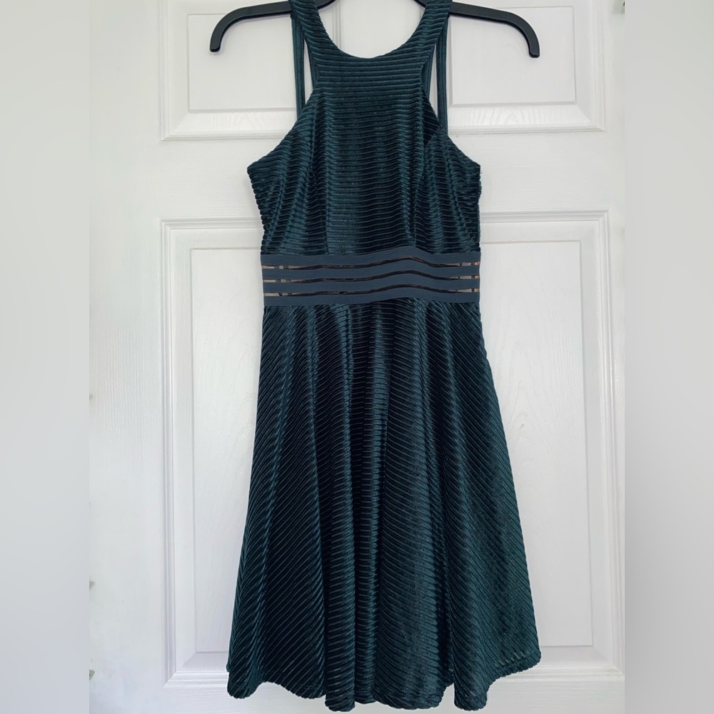 Junior’s Forest Green Velvet Halter Dress